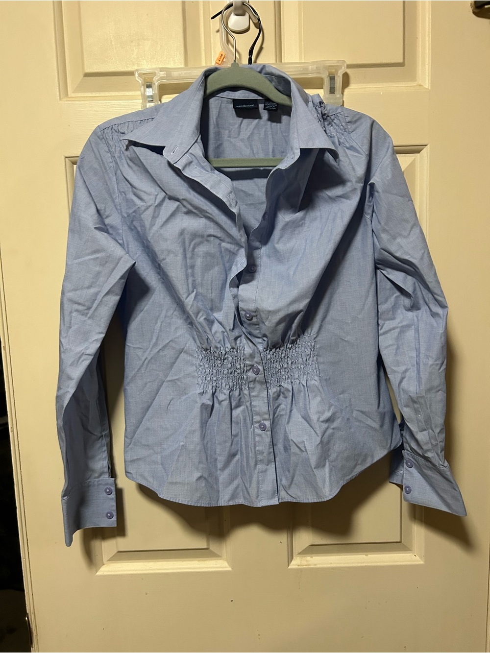 Westbound Light Blue Button-Down Shirt with Smocked Waist